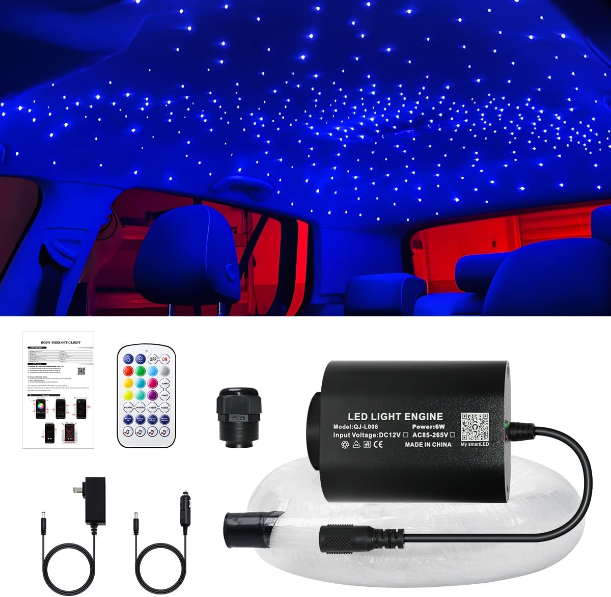 6W Mini RGBW Twinkle Fiber Optic Star Plafond Kit - 450 stuks × 0,75 mm × 3 m End Glow Vezels met Muzieksynchronisatie, APP & Afstandsbediening Starlight Headliner Kit voor Auto Headliner & Home Decor