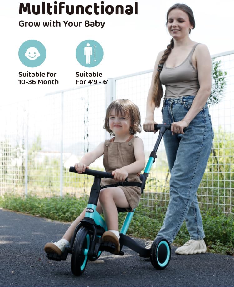 newyoo driewieler voor 1-3 jaar, peuterfiets, loopfiets met ouderduwstang, verjaardagscadeau & loopfiets voor jongen & meisje, 5-in-1 kinderdriewieler met veiligheidsbeugel, TR008, blauw