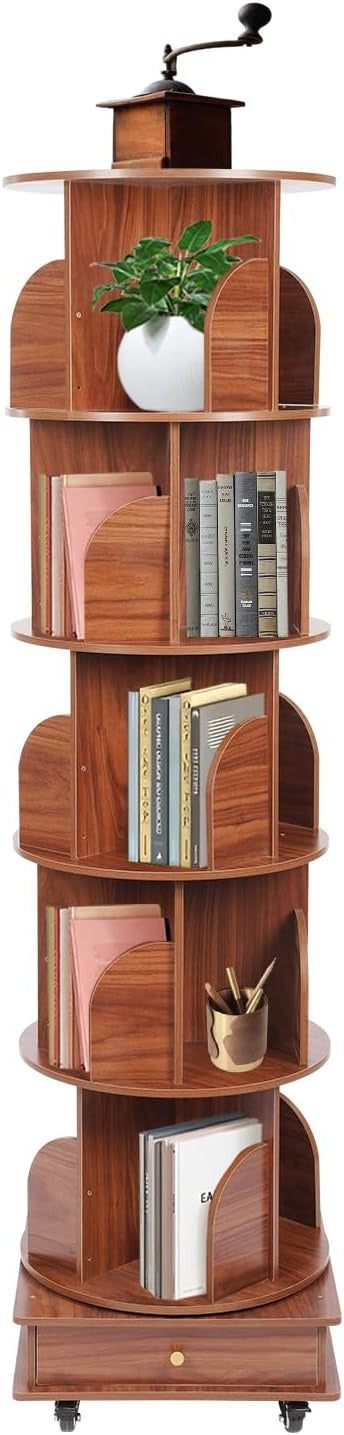 Draaibare Boekenkast – Kinderboekenrek – Rotatieschap – Rond Boekenmeubel – Vloerstaande Opberger – Walnoot Kleur – 360° Draaibaar – 5 Verdiepingen 173 cm Hoog