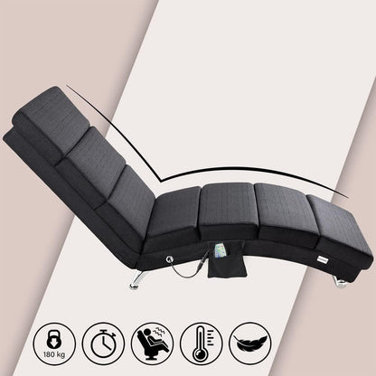 Casaria Relax Chair XXL Massage and Heating Function 186x89x55 cm Ergonomic Fabric Upholstered 180 kg Loadable Living Room Chaise Longue Relax Chair Anthracite - QUORE