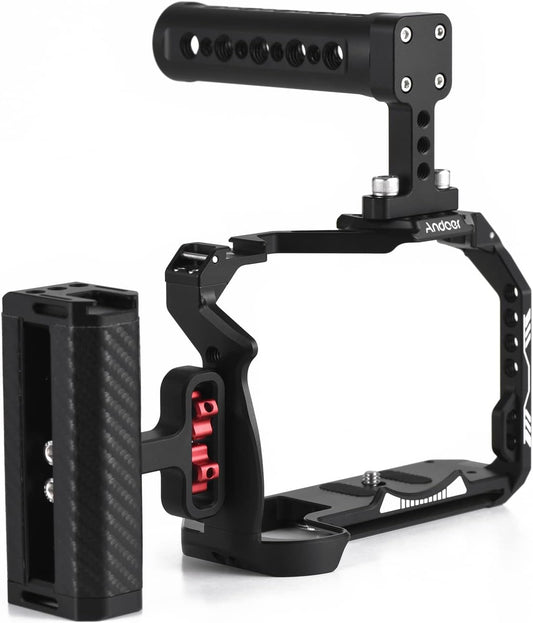 Andoer CAMERA_SUPPORT voor Canon R7, videokooi van aluminiumlegering, met handvat aan de bovenkant, zijhandgreep, meerdere montagemogelijkheden, zwart