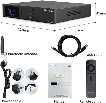 S.M.S.L A300 hi-fi eindversterker, Klasse D geintegreerde versterker sdb-geluidsontvanger met hoge resolutie, RCA, bluetooth 5.0, usb-ingang, 165W x 2 THD+N 0,004%(met afstandsbediening)