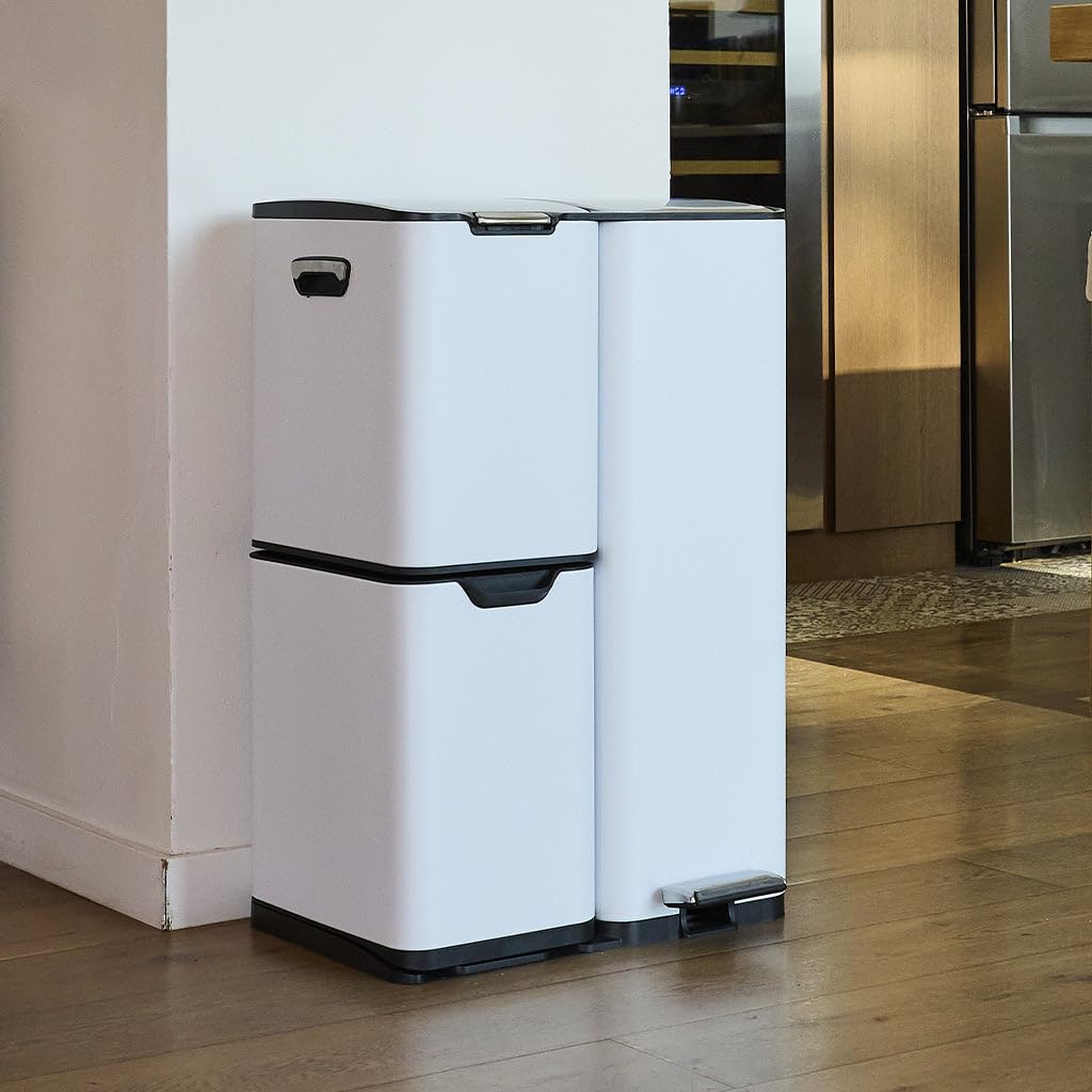 KITCHEN MOVE HAJA pedaalemmer, afvalscheiding, recycling, 60 l (13 + 17 + 30 l), roestvrij staal, wit, met emmer
