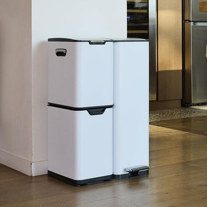 KITCHEN MOVE HAJA pedaalemmer, afvalscheiding, recycling, 60 l (13 + 17 + 30 l), roestvrij staal, wit, met emmer