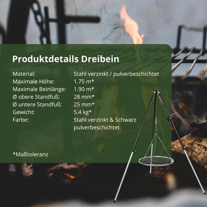 HeRo24 Driepoot grillframe, zwenkgrill, 170 cm, tripod grillstandaard met zwengel, in hoogte verstelbare grill-driepoot voor haard en kampvuur, zonder grillrooster