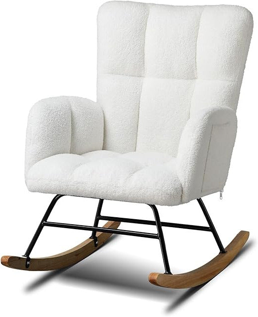 Schommelstoel – Relaxstoel – Schommelstoel Met Armleuning – Relaxfauteuil – Wiegstoel – Teddy Stof – Ergonomisch Ontwerp – Wit – Draagkracht 150 kg - QUORE