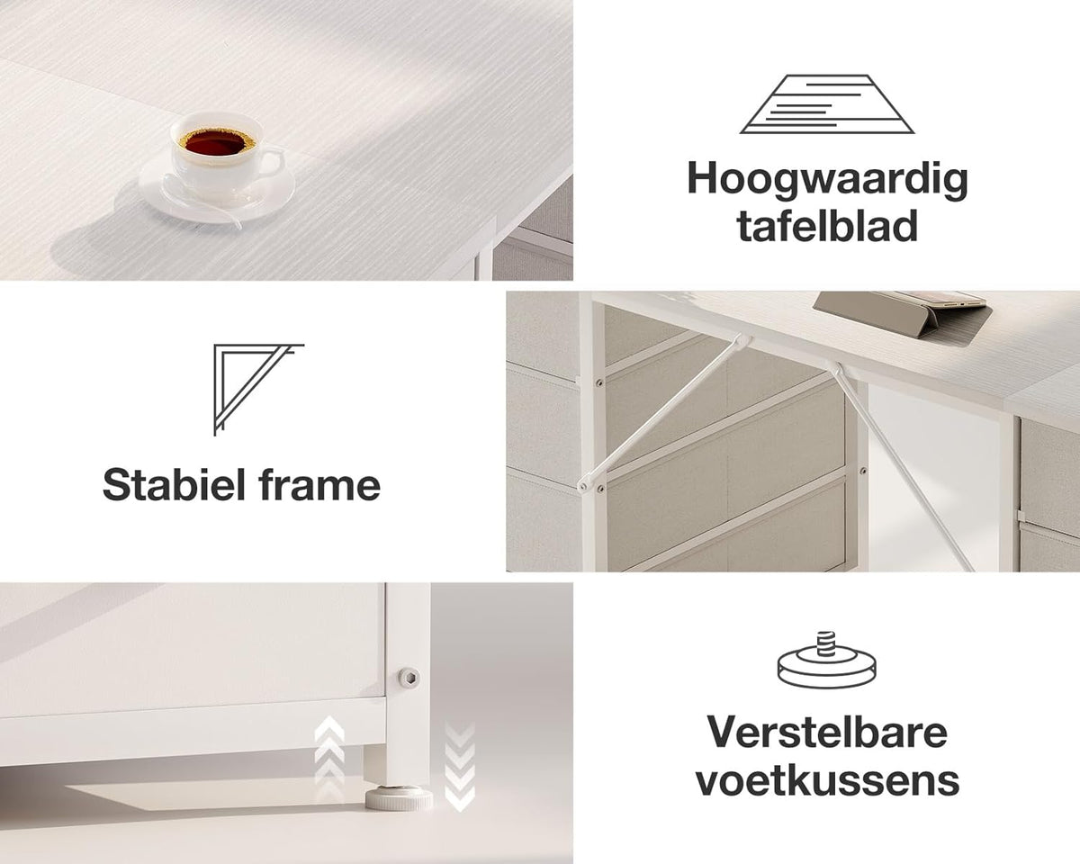 Coleshome Bureau met 8 Stoffen Laden, 140 x 48 cm, Wit Bureau met Opbergruimte, Computertafel, Bureautafel, PC-Tafel, Kantoortafel voor Kantoor, Woonkamer, Thuiskantoor