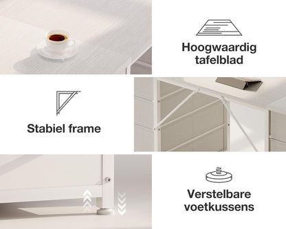 Coleshome Bureau met 8 Stoffen Laden, 140 x 48 cm, Wit Bureau met Opbergruimte, Computertafel, Bureautafel, PC-Tafel, Kantoortafel voor Kantoor, Woonkamer, Thuiskantoor