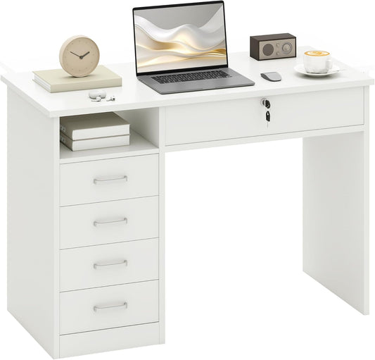HOMCOM computer desk with 5 drawers and shelves desk table with lock large worktop white 110 x 50 x 76 cm - QUORE