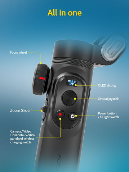 3-Assige Gimbal Stabilizer voor iPhone & Android – Telefoon Gimbal – Smartphone Stabilisator – iPhone Gimbal – Videostabilisator – AI-Tracking en 6000 Lux Vullicht – Opvouwbaar en Compact