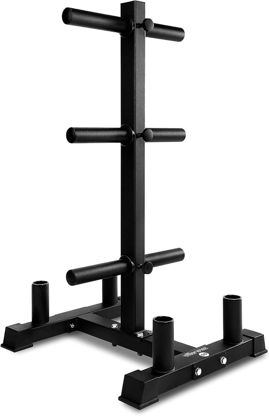 SereneLife 6-Pins Olympic Weight Plates Rack & 4 Weight Bars - 800 Pound Capacity, Gym Organizer, Scratch Resistant Frame, Powder Coating, Easy to Assemble, Compact & Space Saving - QUORE