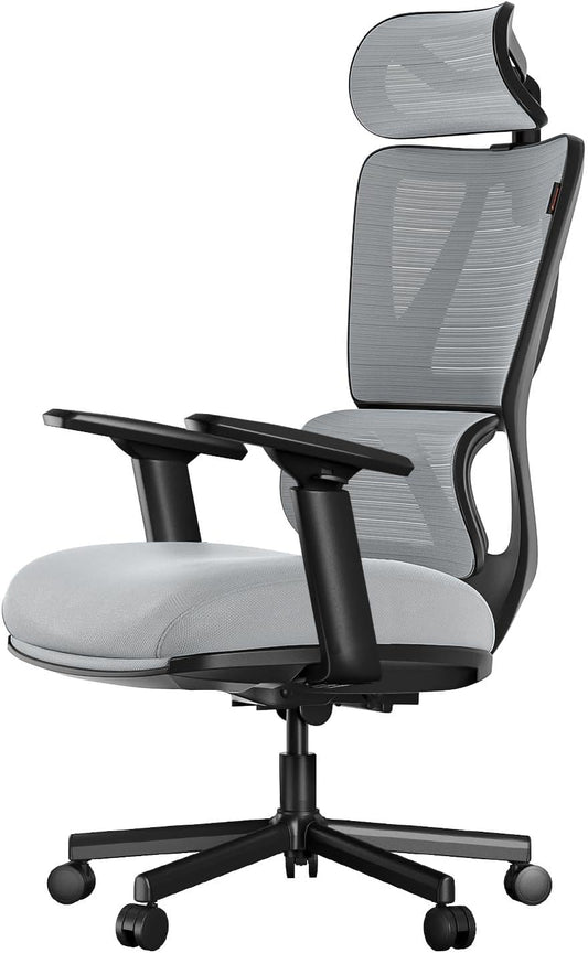 ProtoArc EC100 Ergonomische bureaustoel - computerbureaustoel voor werk met 10 cm dikker veerkussen, lendensteun, verstelbare armleuning en hoofdsteun, mesh draaistoel voor thuiskantoor, grijs