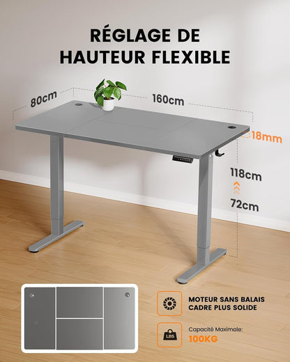 ErGear Height adjustable desk, 160 x 80 cm, 100 kg load capacity, electric desk with advanced brushless motor, silent function, robust metal frame, four-piece table top - QUORE