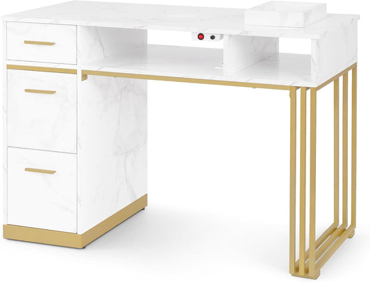 Manicure Tafel – Nageltafel – Werktafel – Nagelstudio Meubel – Nagel Salon Tafel – Geïntegreerde Stofzuiger – Marmeren Wit Werkblad Met Champagne Frame