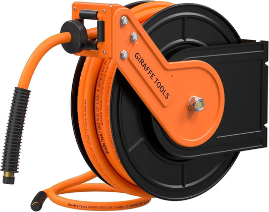 Giraffe Tools Intrekbare Air Line Reel 15m+1m, Wall Mounted Air Hose Reel 3/8 "Hybride Slang, Pneumatische Heavy Duty Stalen Reel met 1/4" Quick Coupler