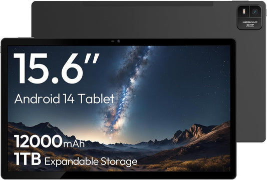 MESWAO 15,6 inch Android tablet (2026), Helio G99, 6 GB RAM, 128 GB ROM, groot FHD IPS-display, 12000 mAh batterij, 32 MP camera, MES-B3