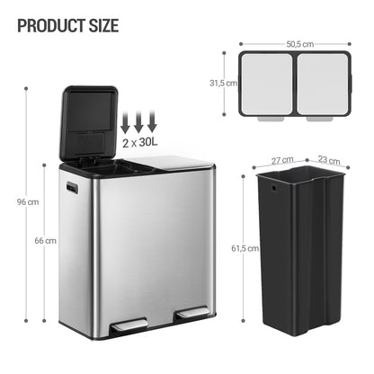 Hzuaneri Kitchen Trash Bin, Waste Separation System, 2 Compartments, 60 L (2 x 30 L), Stainless Steel Kitchen Trash Bin, Pedal Bin, Silent Slow Waste Bag, with 15 Exclusive Waste Bags, Silver