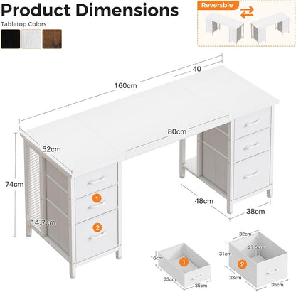 Coleshome Bureau met 6 laden, 160x52 cm Bureau met opslagruimte, Computerbureau met Planken voor Thuiskantoor, Wit