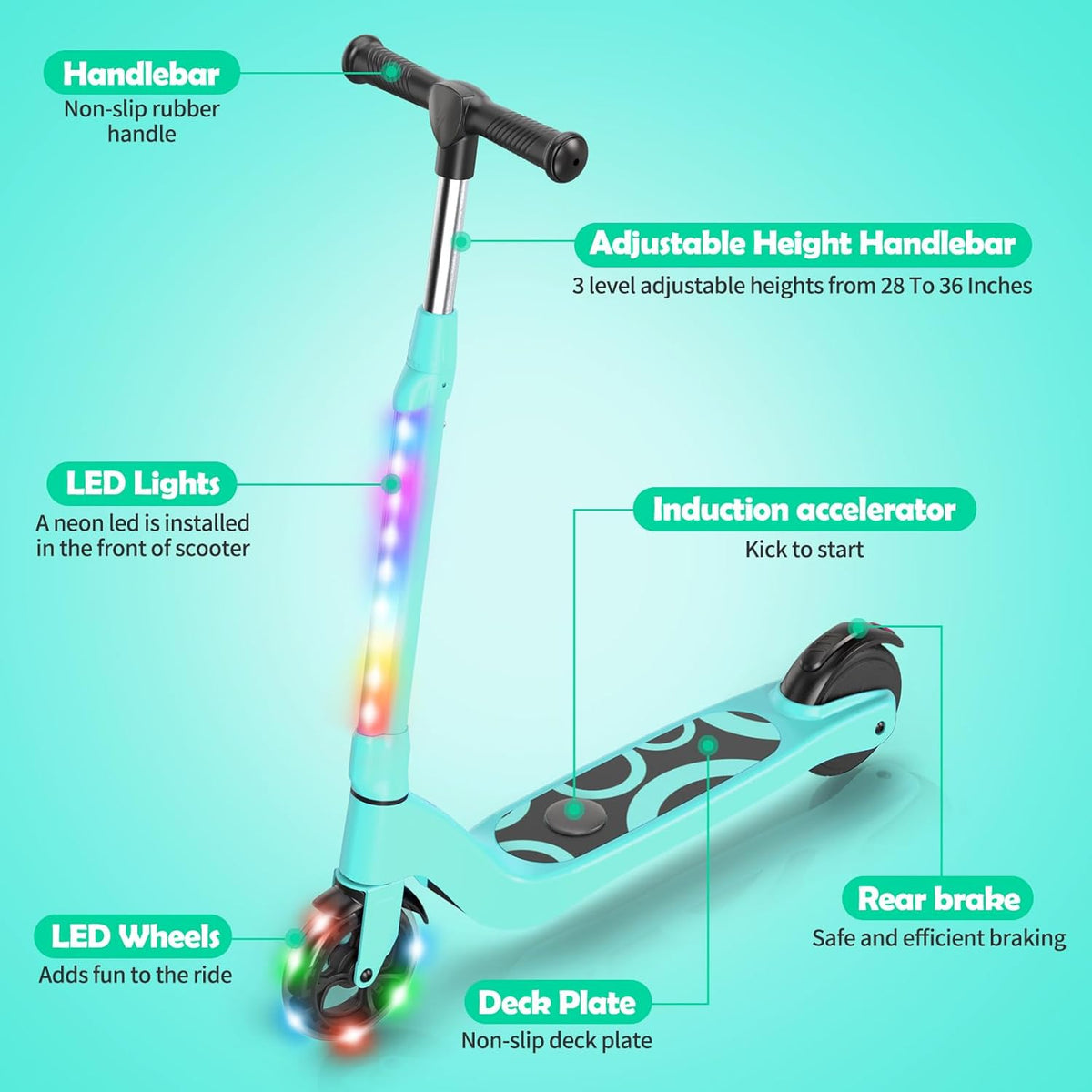 SISIGAD Elektrische Step voor Kinderen van 6-12 Jaar, Kids E Scooter 5.3 Inch E Step met Kleurrijke LED-verlichting en 3 Verstelbare Hoogte, Kids Elektrische Scooter Max Belasting 70kg, Max 10km/h