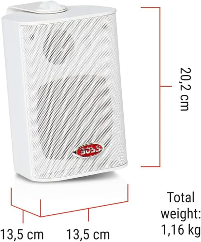2 SPEAKERS BOSS AUDIO SYSTEMS MR4.3W 3-weg wit 100 watt rms 200 watt max waterdicht voor binnen en buiten + montagebeugels, een paar