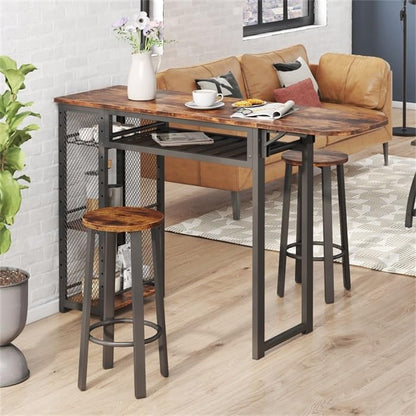 Bartafelset, bartafel met 2 barkrukken, eettafel, statafel met wijnglashouder en plank, keukentafel in industriële stijl, statafel voor bar, bistro en woonkamer (bruin)