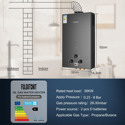 Gasdoorstroomboiler met drukdouche, LPG, propaan butaangas, doorstroomboiler, geschikt voor thuis, camper en buiten, 18 liter