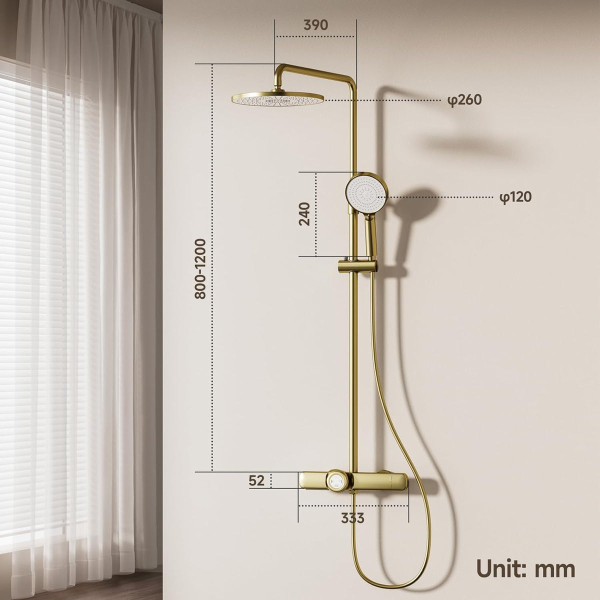 Douchemolom, goud geborsteld, thermostatische douchezuil, 3-in-1 douchezuil met grote regendouchekop 260 x 260 mm, douchestang met douchekop en handdouche, regendouche met accessoires