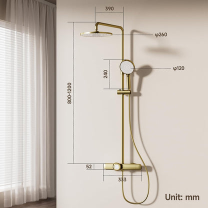 Douchemolom, goud geborsteld, thermostatische douchezuil, 3-in-1 douchezuil met grote regendouchekop 260 x 260 mm, douchestang met douchekop en handdouche, regendouche met accessoires