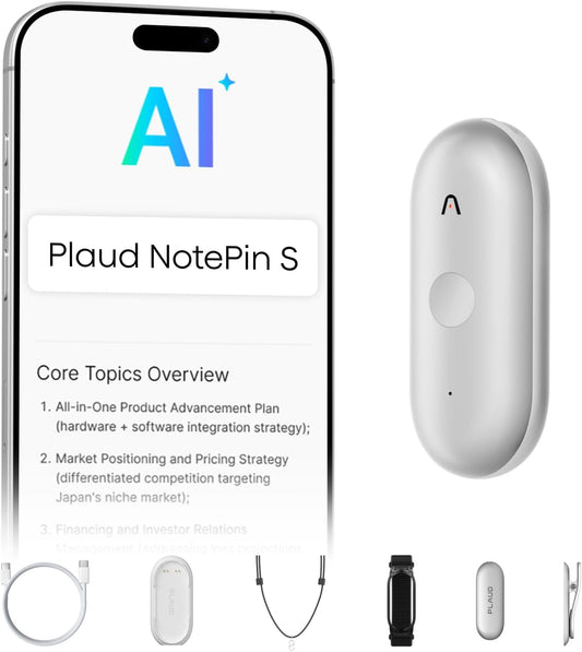 Plaud NotePin S AI spraakrecorder met een tactiele opnameknop voice recorder AI-notitieapparaat AI-transcriptie en samenvatting ondersteunt audiorecorder voor vergaderingen (Lunar zilver)