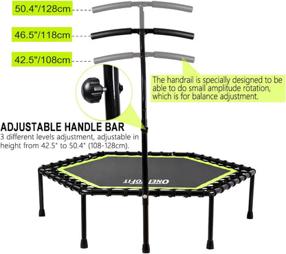 OneTwoFit Diameter stille trampoline met in hoogte verstelbare handgreep, fitnesstrampoline training zoals in de fitnessstudio trainer workout voor volwassenen