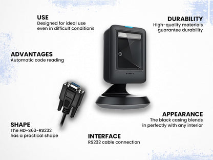 HD-S63-RS232, Streepjescodescanner, QR/1D/2D-lezer, RS232, Auto-Sense, IP54, Plug & Play, Compatibel met Meerdere Besturingssystemen, Lezen van Schermen