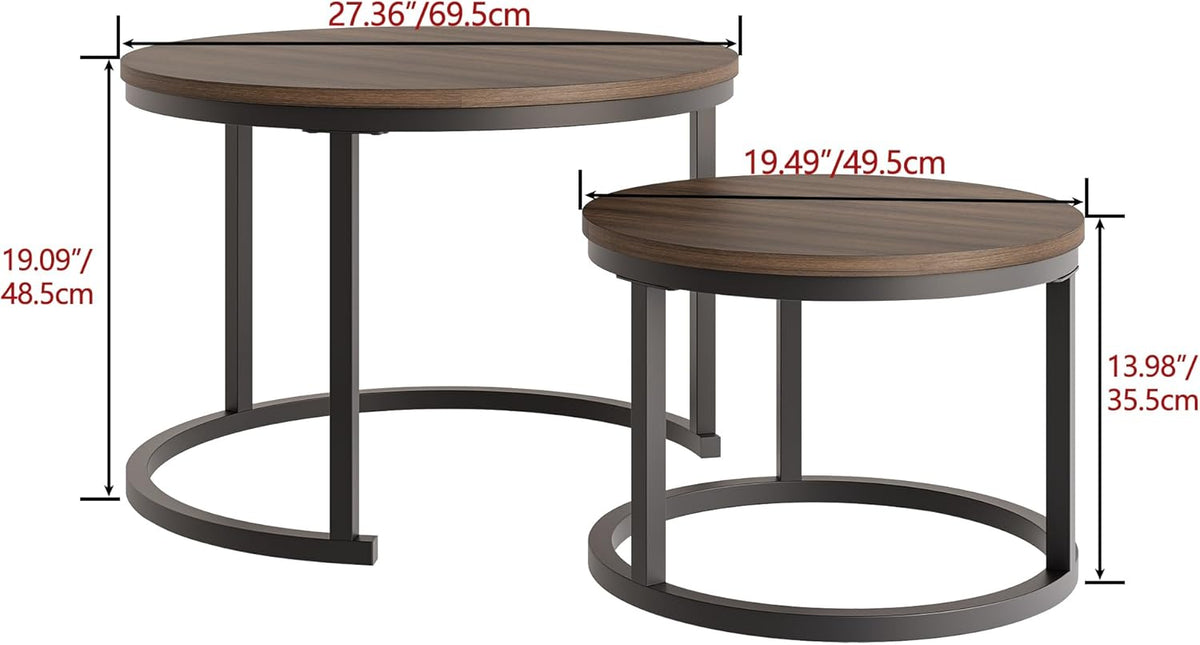 HOJINLINERO Set van 2 ronde nestels, stapelbank, bijzettafel, voor woonkamer, slaapkamer, kantoor, balkon, appartement (walnoot)