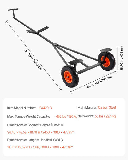 VEVOR Trailer-transportwagen, rangeerhulp, 190 kg steunbelasting, 40 cm luchtbanden, koolstofstaal, antislip houder, voor het verplaatsen van kajaks, motorboten en vissersboten