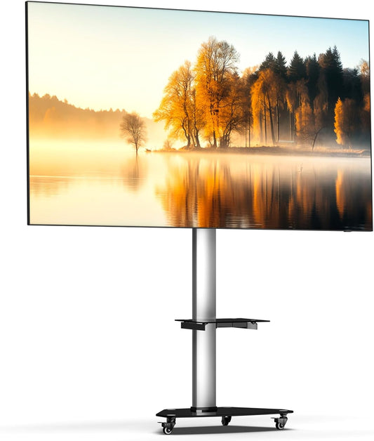 Proton 300 Mobiele tv-standaard met plank, stopcontacten, USB-poorten, hoogte 191 cm, portretformaat 32-75 inch, 40 kg, aluminium zwart