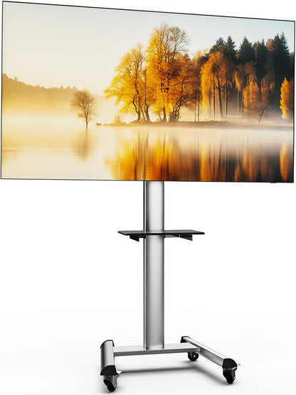 Mobiele tv-standaard met plank – Verrijdbaar tv-meubel, tv-standaard, tv-houder, tv-beugel – Zwart – Voor 32-75 inch – In hoogte verstelbaar tot 211 cm met stopcontacten en USB-poorten