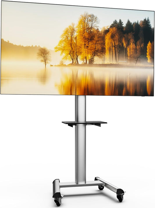 Mobiele tv-standaard met plank – Verrijdbaar tv-meubel, tv-standaard, tv-houder, tv-beugel – Zwart – Voor 32-75 inch – In hoogte verstelbaar tot 211 cm met stopcontacten en USB-poorten