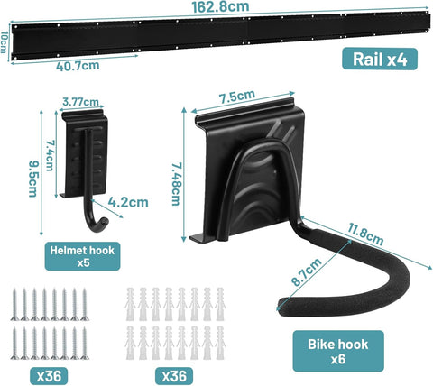 Fietsenrek - Fietsstandaard - Fietshouder - Fietshaak - voor 6 Fietsen  - 5 Helmen - 2 Garagehaken - Verstelbare - Verticale Wandfietsophanging - met Framebescherming - voor Woning - Garage - Opslag - 162.8 x 10 cm -Zwart