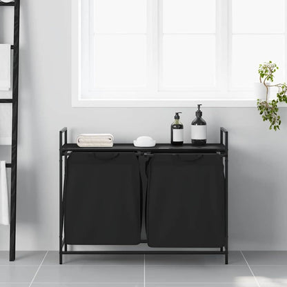 Wasmand – Laundry Basket – Wasbox – Wasopberger – Waszakken – Met Twee Compartimenten – Bovenste Opbergrek – Zwart Stalen Frame – Eiken Houtlook