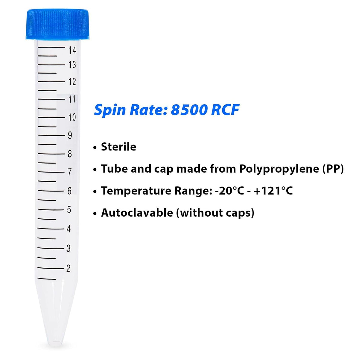 Globe Scientific 6286 Polypropyleen Centrifuge Buis met bijgevoegde blauwe Flat Top Schroefdop, Sterile, Bedrukte Afstudering, Rekpakket, 15mL Capaciteit (Case of 500)