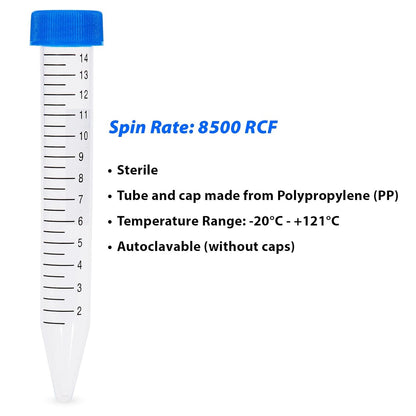 Globe Scientific 6286 Polypropyleen Centrifuge Buis met bijgevoegde blauwe Flat Top Schroefdop, Sterile, Bedrukte Afstudering, Rekpakket, 15mL Capaciteit (Case of 500)