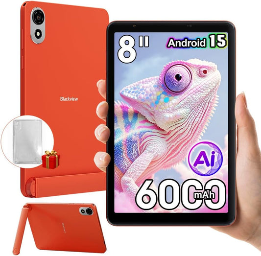 Blackview Zeno 1 8 inch tablet Android 15, 12 GB + 64 GB/2 TB TF, Widevine L1, 6000 mAh, 5G WiFi + 4G LTE Tablet PC, 8 MP + 8 MP, Gemini Al 2.0/OTG/GPS/Hall/3,5 mm Jack/beschermhoes, oranje