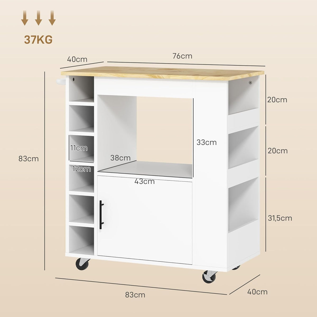 HOMCOM Kitchen Trolley with Wood Worktop, Shelves, Wine Racks, Serving Trolley, Kitchen Cabinet on Wheels with Soft-Close Hinges, Handle, Kitchen Island, 83 x 40 x 83 cm, Oak - QUORE