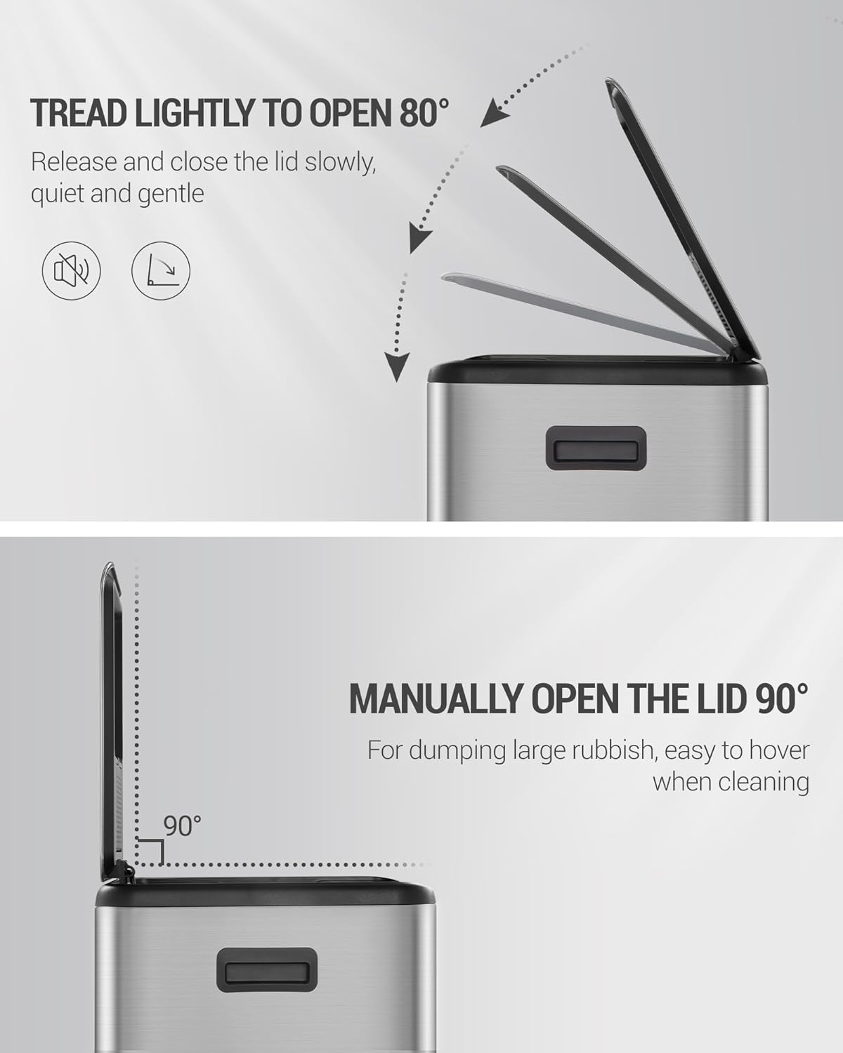 Hzuaneri Kitchen Trash Bin, Waste Separation System, 2 Compartments, 60 L (2 x 30 L), Stainless Steel Kitchen Trash Bin, Pedal Bin, Silent Slow Waste Bag, with 15 Exclusive Waste Bags, Silver
