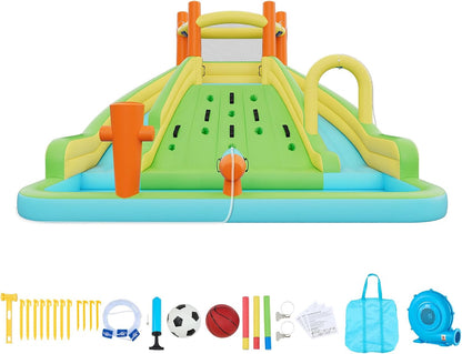 VEVOR Opblaasbaar waterpark voor kinderen, 405 x 347 x 255 cm, voor buiten, opblaasbaar slot met 2 glijbanen, klimwand, inhoud 3-4 kinderen van 3 tot 8 jaar, waterspel