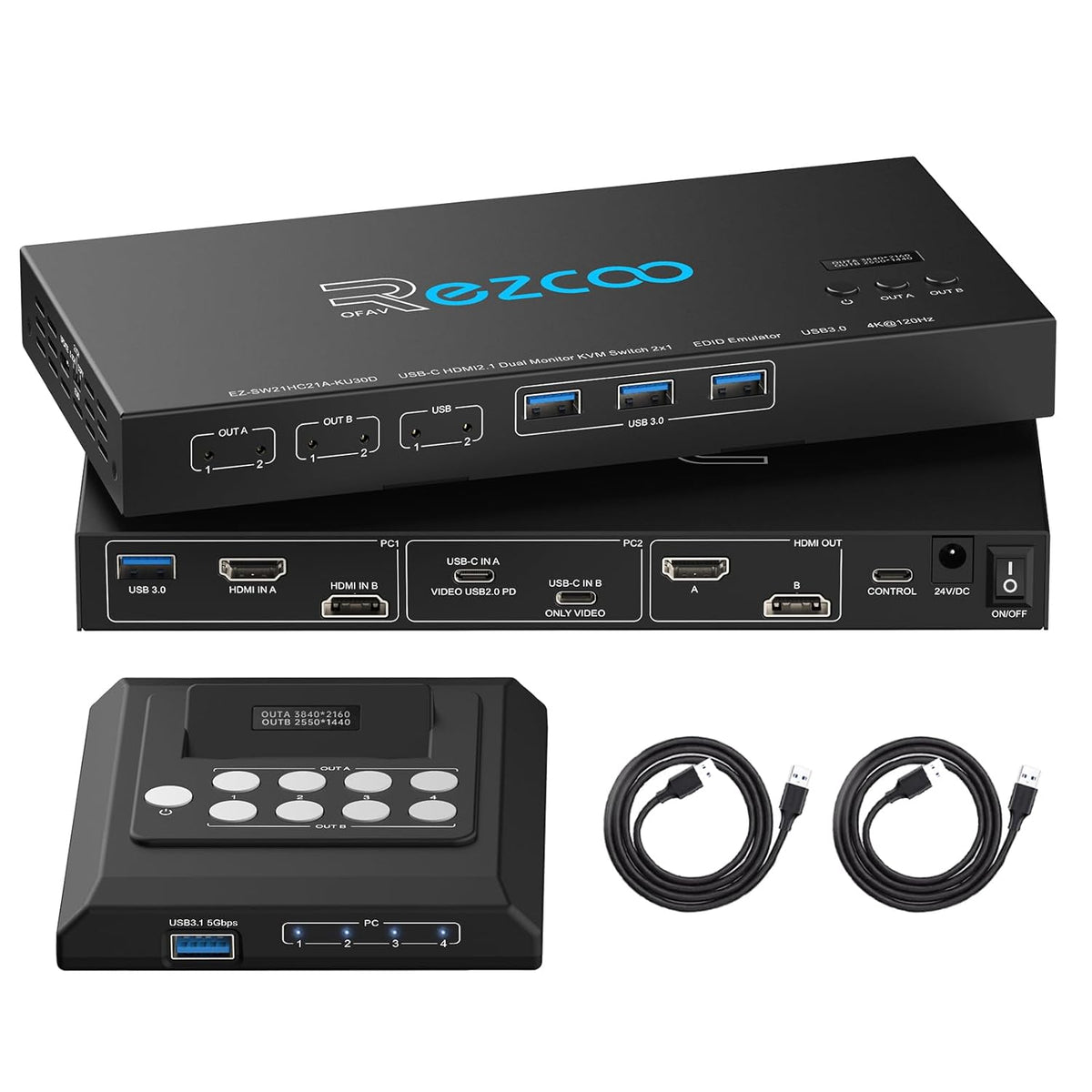 4K @120Hz HDMI DP KVM Switch Dual Monitor USB 3.0 2 monitoren 2 computers EDID emulatoren voor 2 pc's delen 2 schermen en 4 USB 3.0-poorten SPDIF kopieer uitbreidingsmodus, 2 USB-kabels en controller.