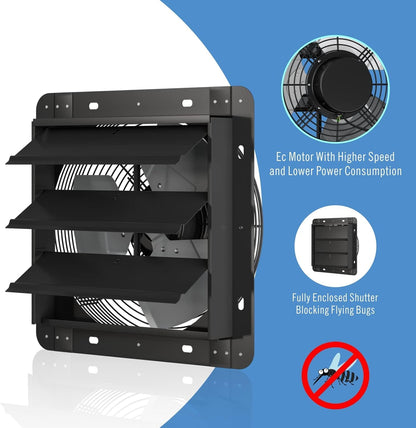 Regelbare afvoerventilator 300 mm – Shutterventilator – Wandventilator – Afzuigventilator – Ventilatieventilator – 1650 m³/u luchtverplaatsing – Verzinkt stalen frame met automatische kleppen