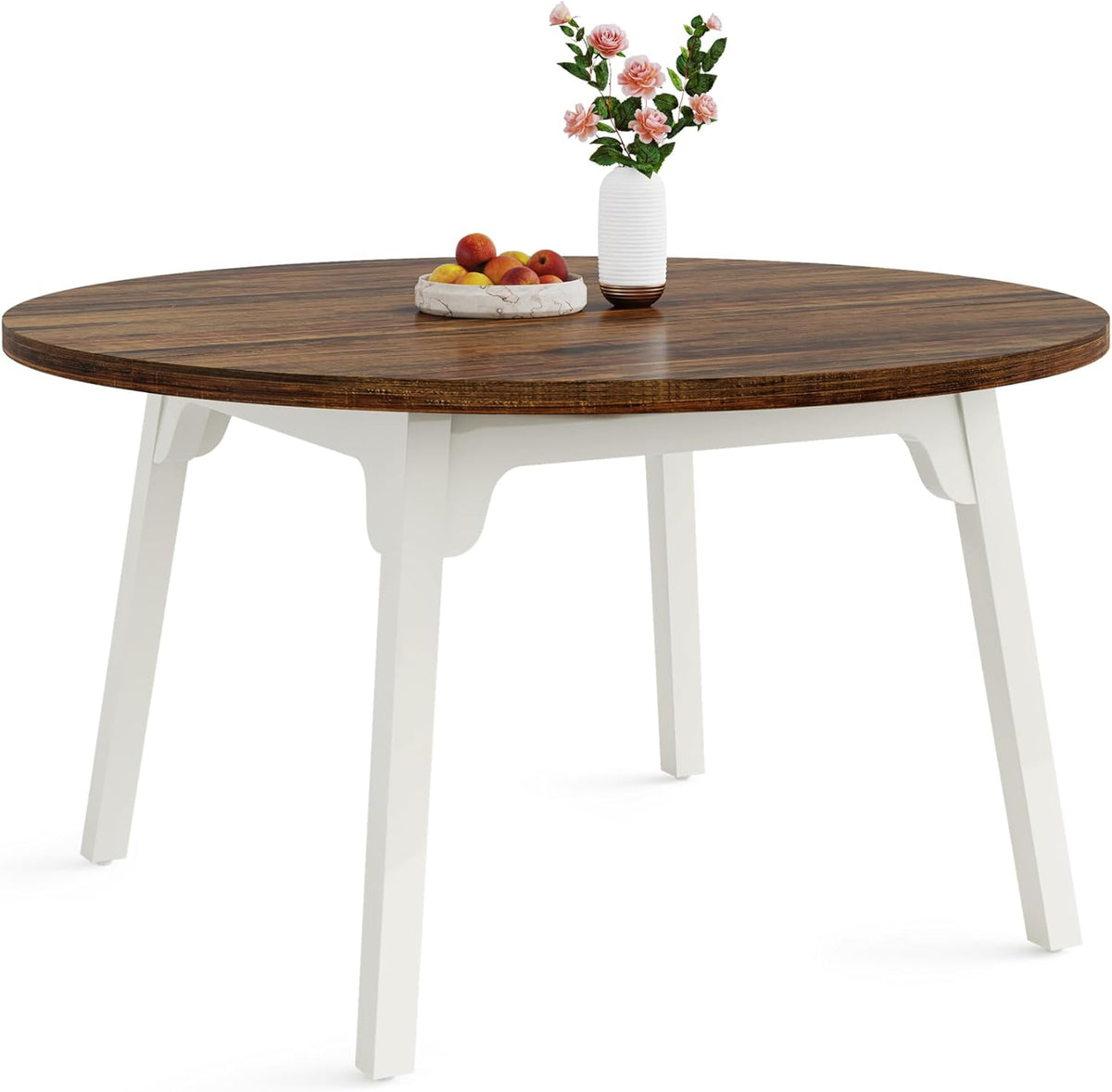 Tribesigns 120 cm ronde eettafel voor 4-6 personen, keukentafel met massief houten poten voor woonkamer, keuken, eetkamer, wit en rustiek bruin