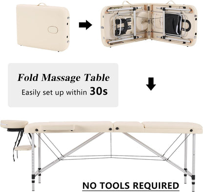 Massagetafel Beige – Behandeltafel – Massagebed – Tattootafel – Cosmetische Tafel – Opvouwbaar, Lichtgewicht Aluminium