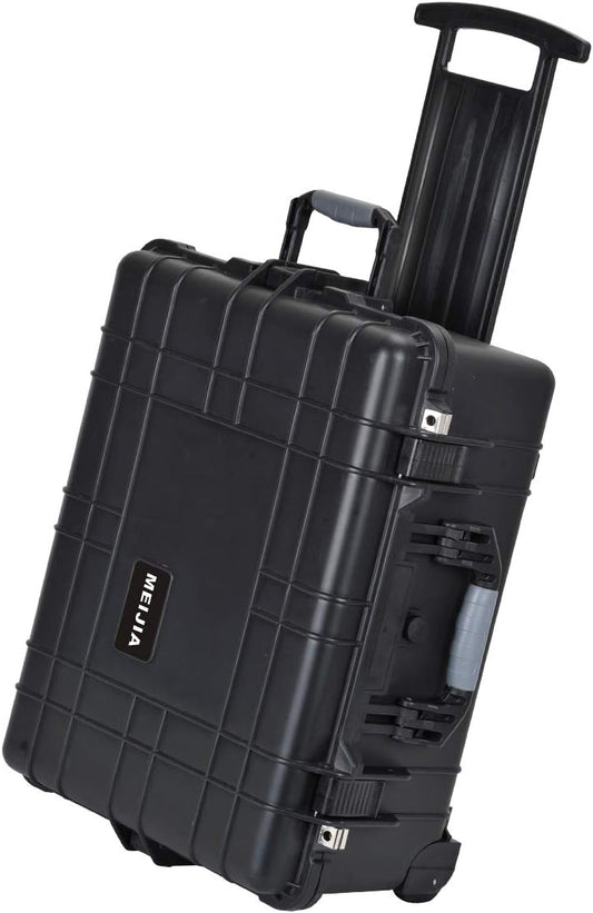 MEIJIA All Weathe waterdichte harde hoes met intrekbare trekgreep en rollende wielen, aanpasbare pasvorm schuim ingevoegd, geschikt voor camera, drones, apparatuur, elegant zwart, Zwart, 24.64"X19.39