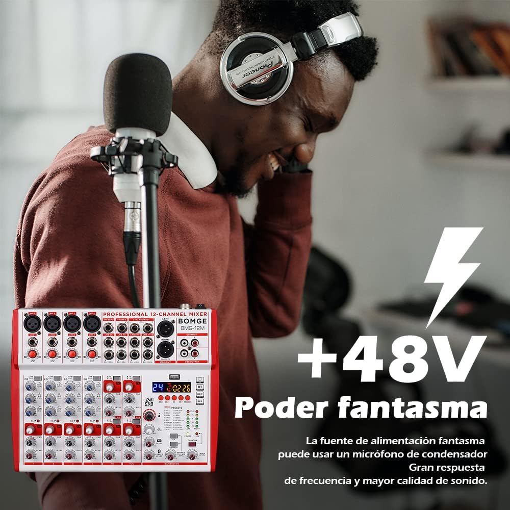 BOMGE 12-Input soundboard Mixer met Mic Preamps en Compressoren, 24DSP, bluetooth, 48V Power, Britse EQ en USB/Audio Interface voor opname, karaoke en podcast. (12M-12 kanaal)